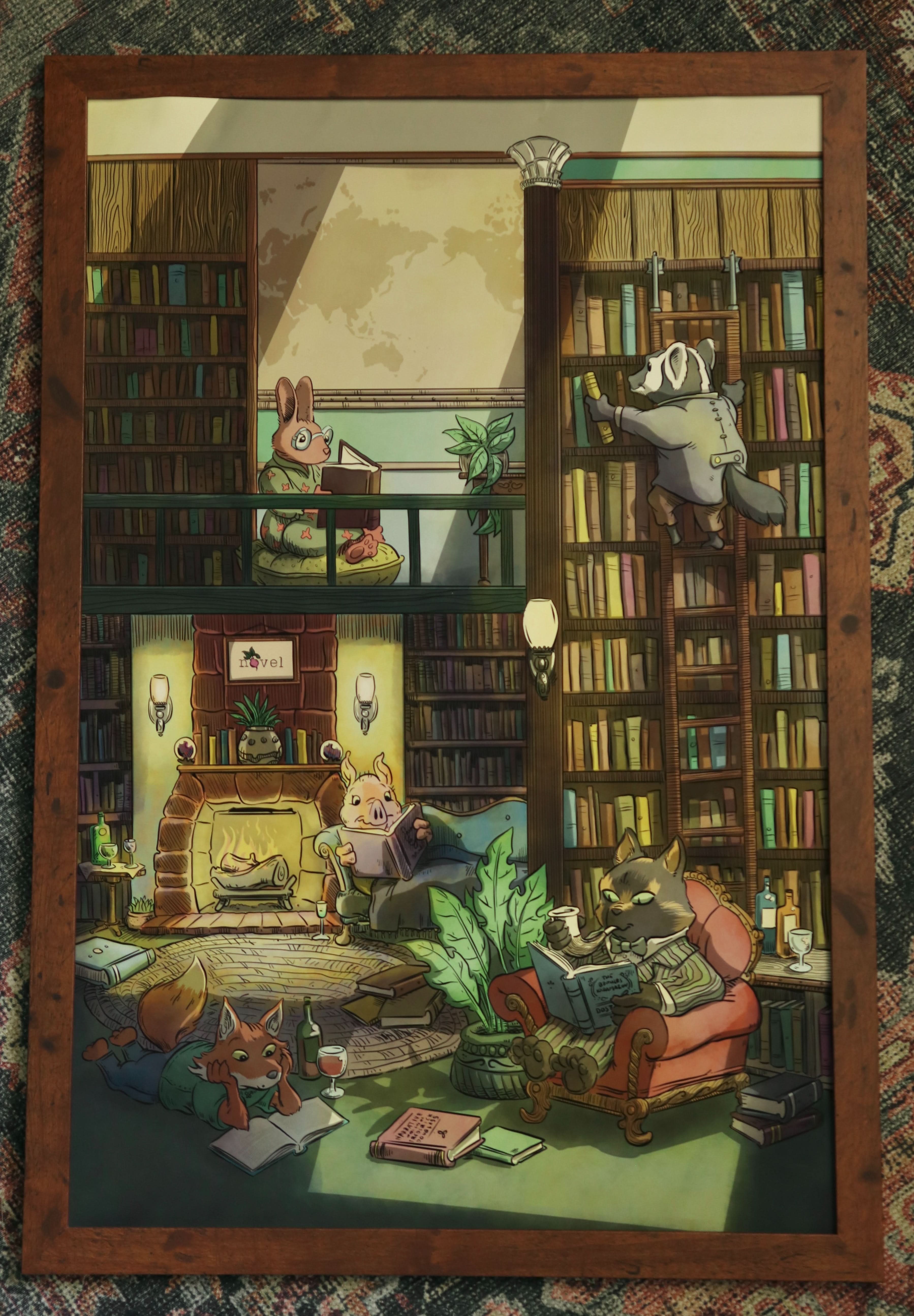 Image of Critters Reading in Library Poster - Novelbookstore.co