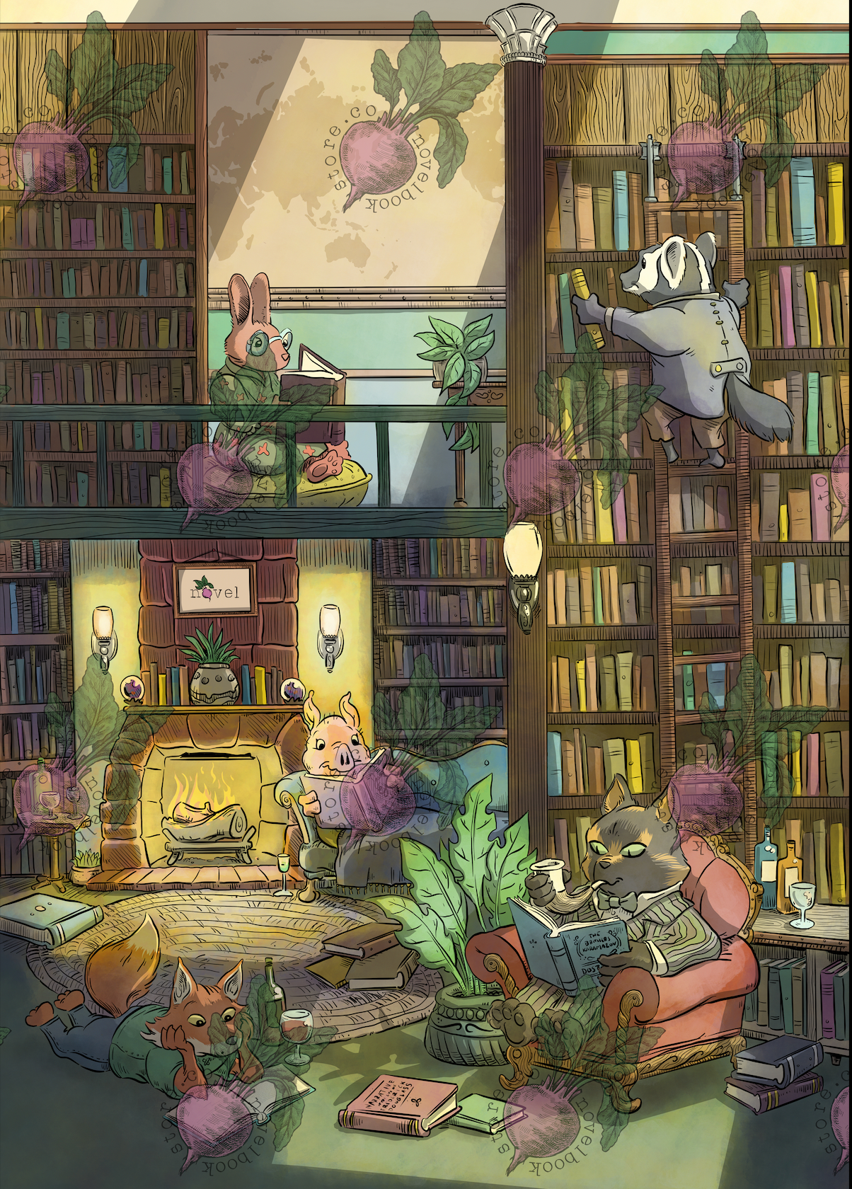 Image of Critters Reading in Library Poster - Novelbookstore.co